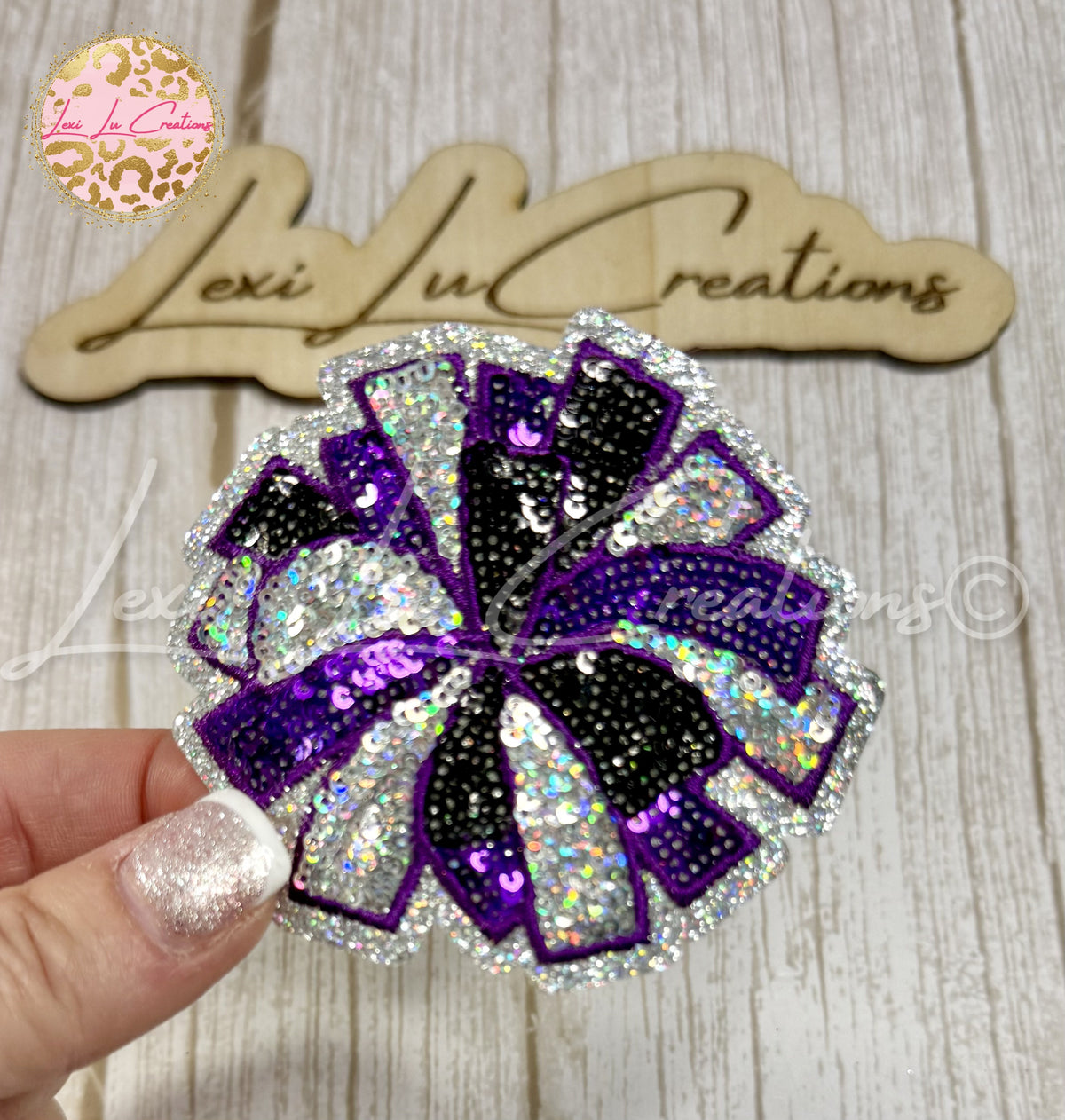 Purple Black & Silver Sequin Pom Pom Hat Patch | Cheer Game Day Iron-On Patch