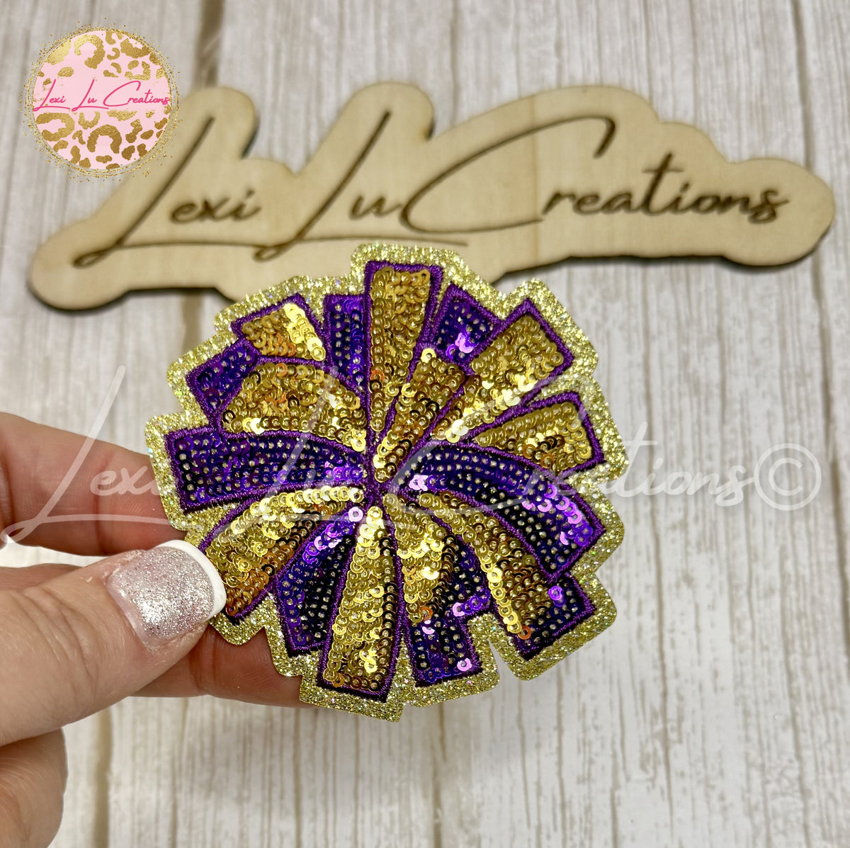 Purple & Gold Sequin Pom Pom Hat Patch | Cheer Game Day Iron-On Patch