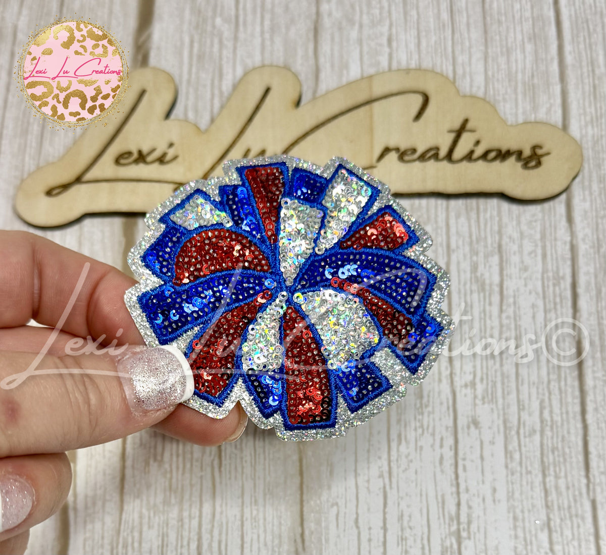 Red Royal Blue & Silver Sequin Pom Pom Hat Patch | Cheer Game Day Iron-On Patch