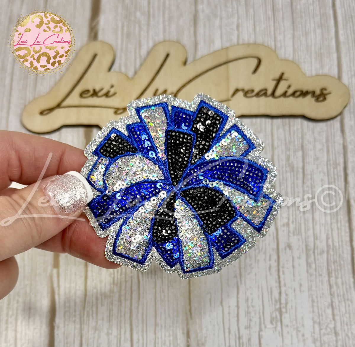 Blue Black & Silver Sequin Pom Pom Hat Patch | Game Day Iron-On Patch