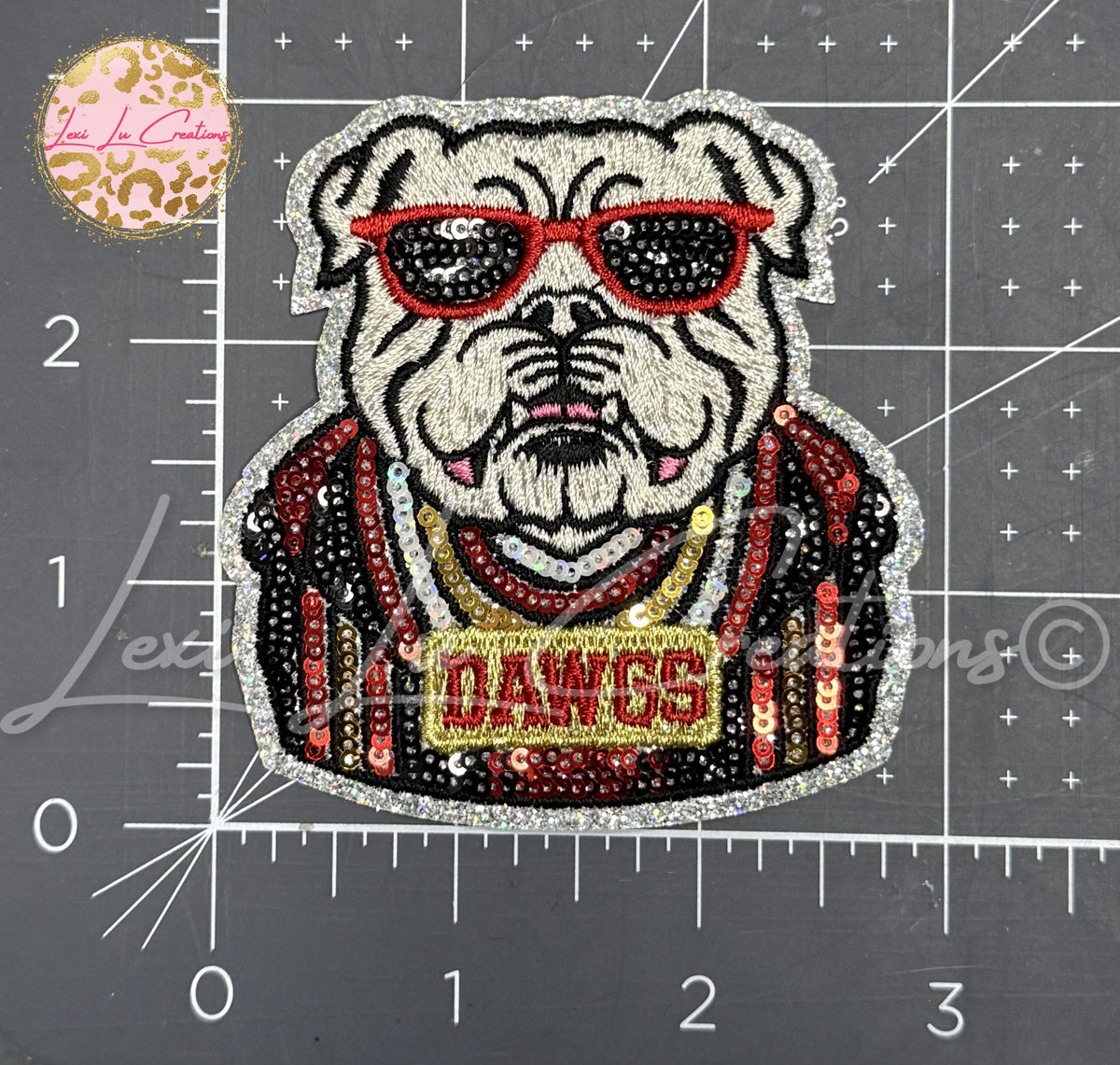 Dawgs Bulldog Mascot Sequin Hat Patch | Red Black & White Game Day Iron-On Patch