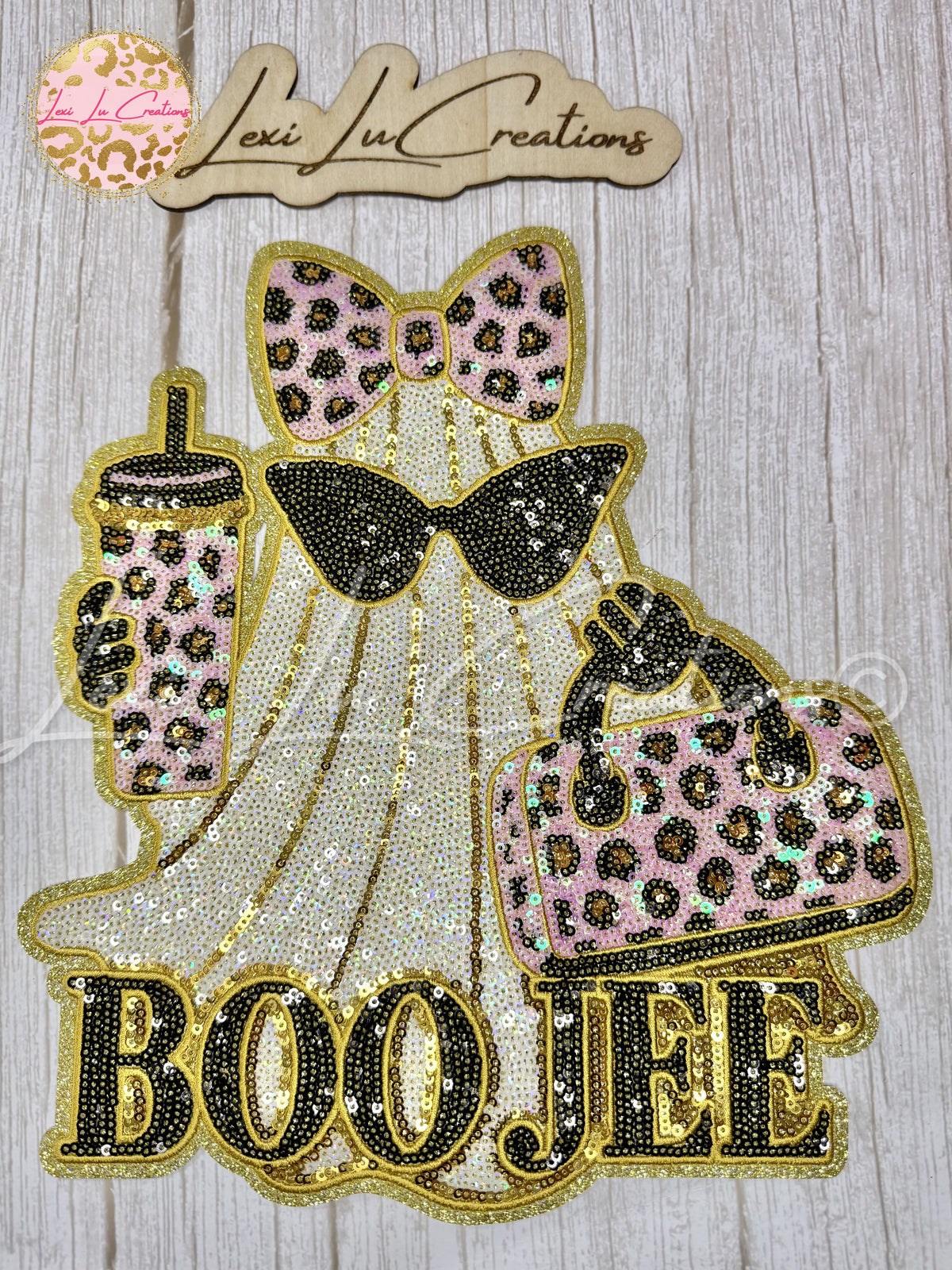 BOO JEE Leopard Ghost Sequin Shirt Patch | Pink & Gold Halloween Iron-On Patch