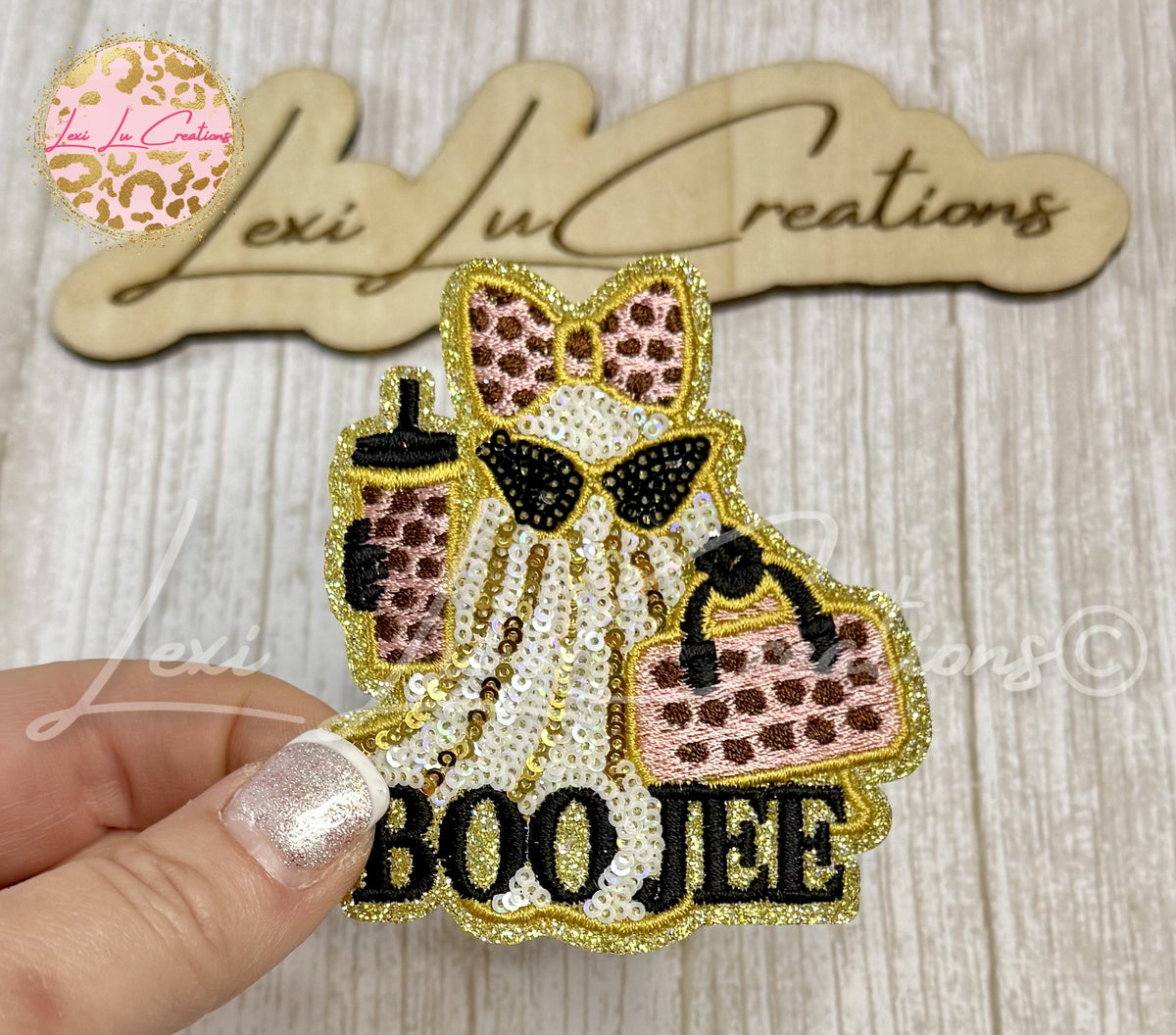 Boo Jee Ghost Sequin Hat Patch | Pink Leopard Halloween Iron-On Patch