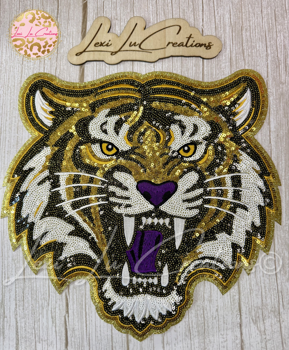 Purple & Gold Sequin Tiger Head Shirt Patch | Purple Accent Game Day Iron-On Patch