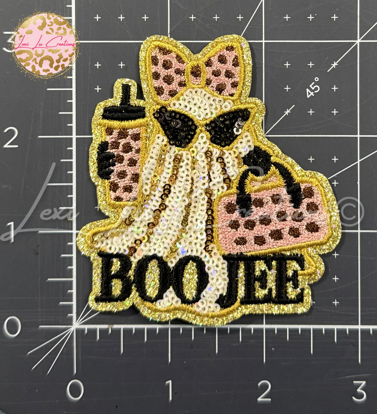 Boo Jee Ghost Sequin Hat Patch | Pink Leopard Halloween Iron-On Patch