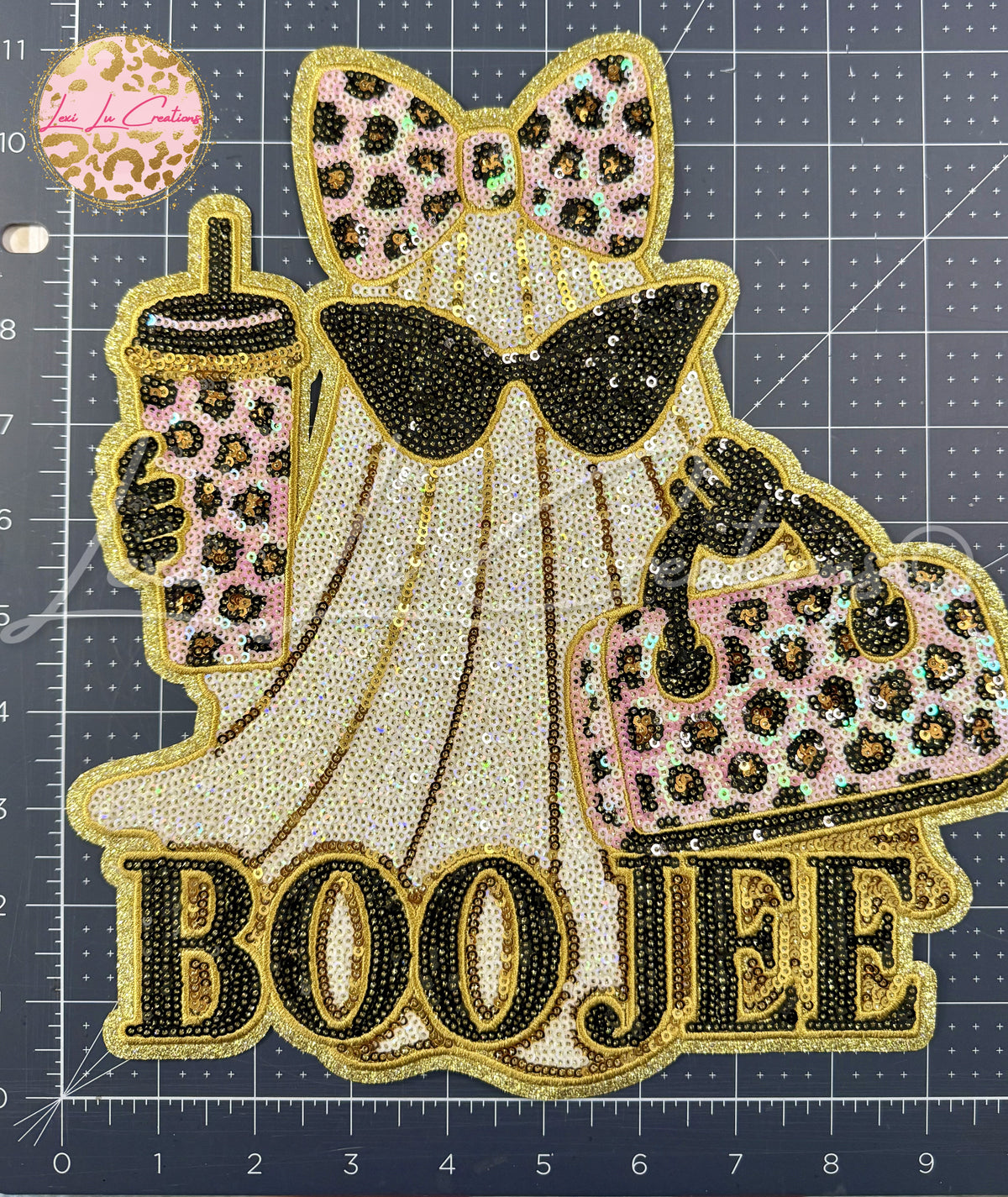 BOO JEE Leopard Ghost Sequin Shirt Patch | Pink & Gold Halloween Iron-On Patch