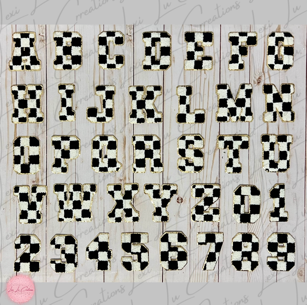 Black and White Checkerboard Letters & Number Patches Only