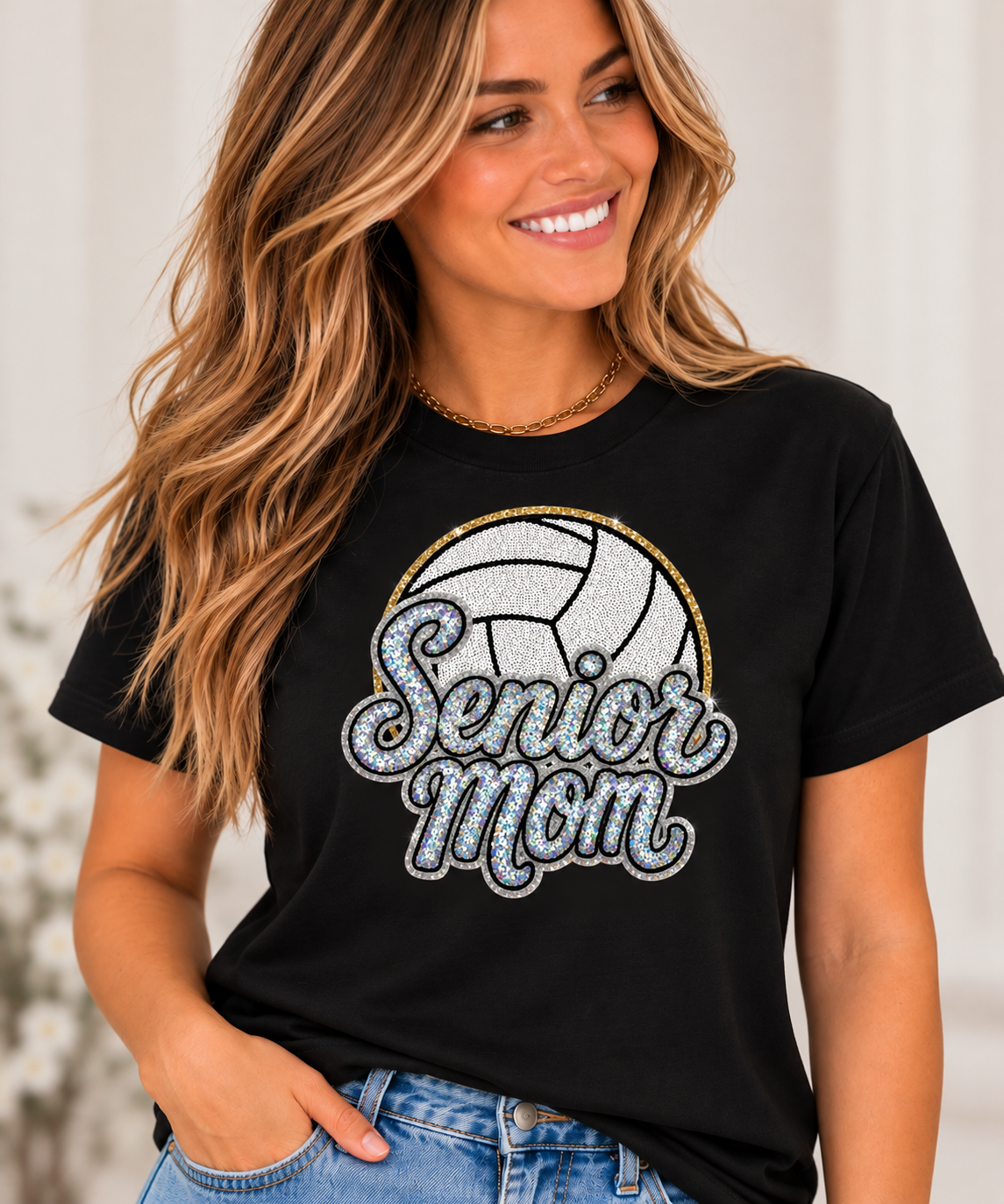 SHORT/CAP SLEEVE - Senior Mom Volleyball Sequin Shirt - 4 Color Stitch Options