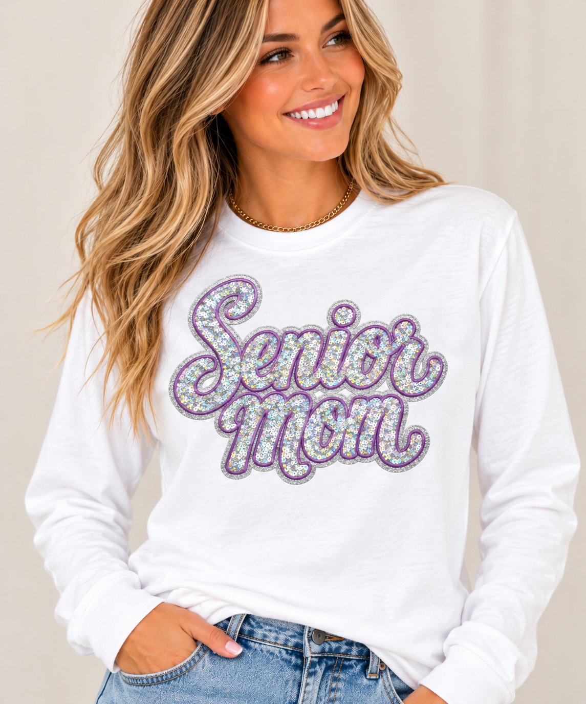 LONG SLEEVE - Senior Mom Sequin Shirt - 4 Color Stitch Options