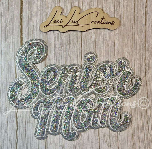 Senior Mom Silver Sequin Shirt Patch - WHITE stitch
