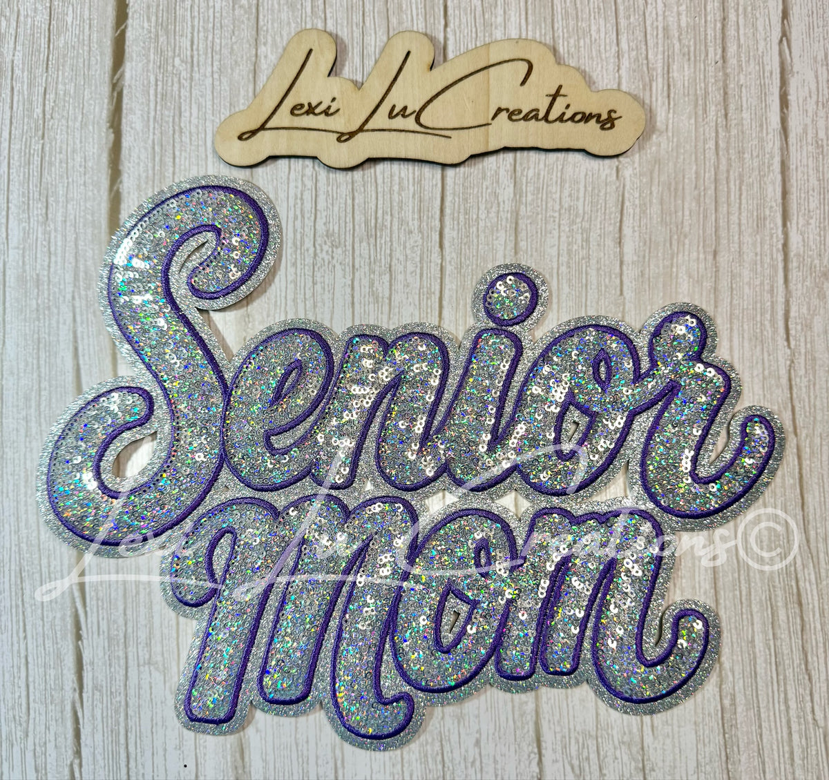 Senior Mom Silver Sequin Shirt Patch - PURPLE stitch