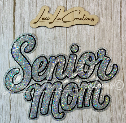 Senior Mom Silver Sequin Shirt Patch - BLACK stitch