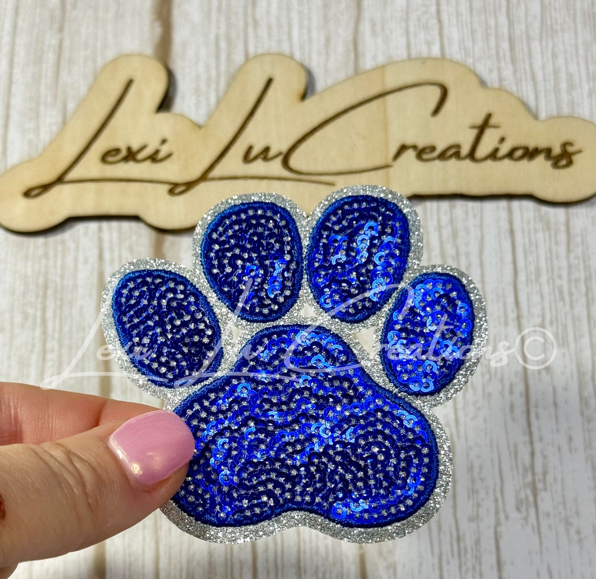 Royal Blue & Silver Sequin Paw Print Hat Patch | Game Day Iron-On Patch