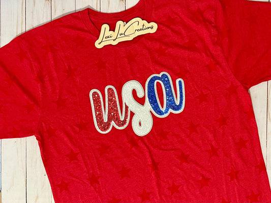 USA Sequin Iron On Patch | Red, White, Blue with Silver Glitter