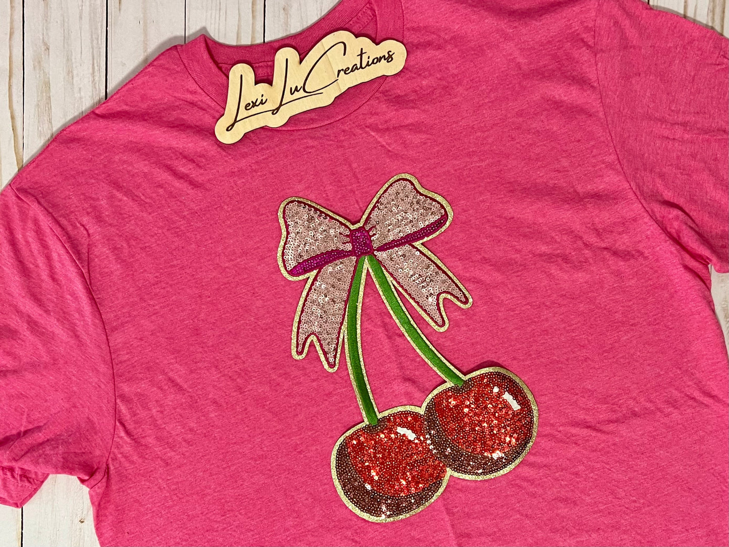 Cherry Sequin Patch Shirt | Coquette Pink Bow, Adult