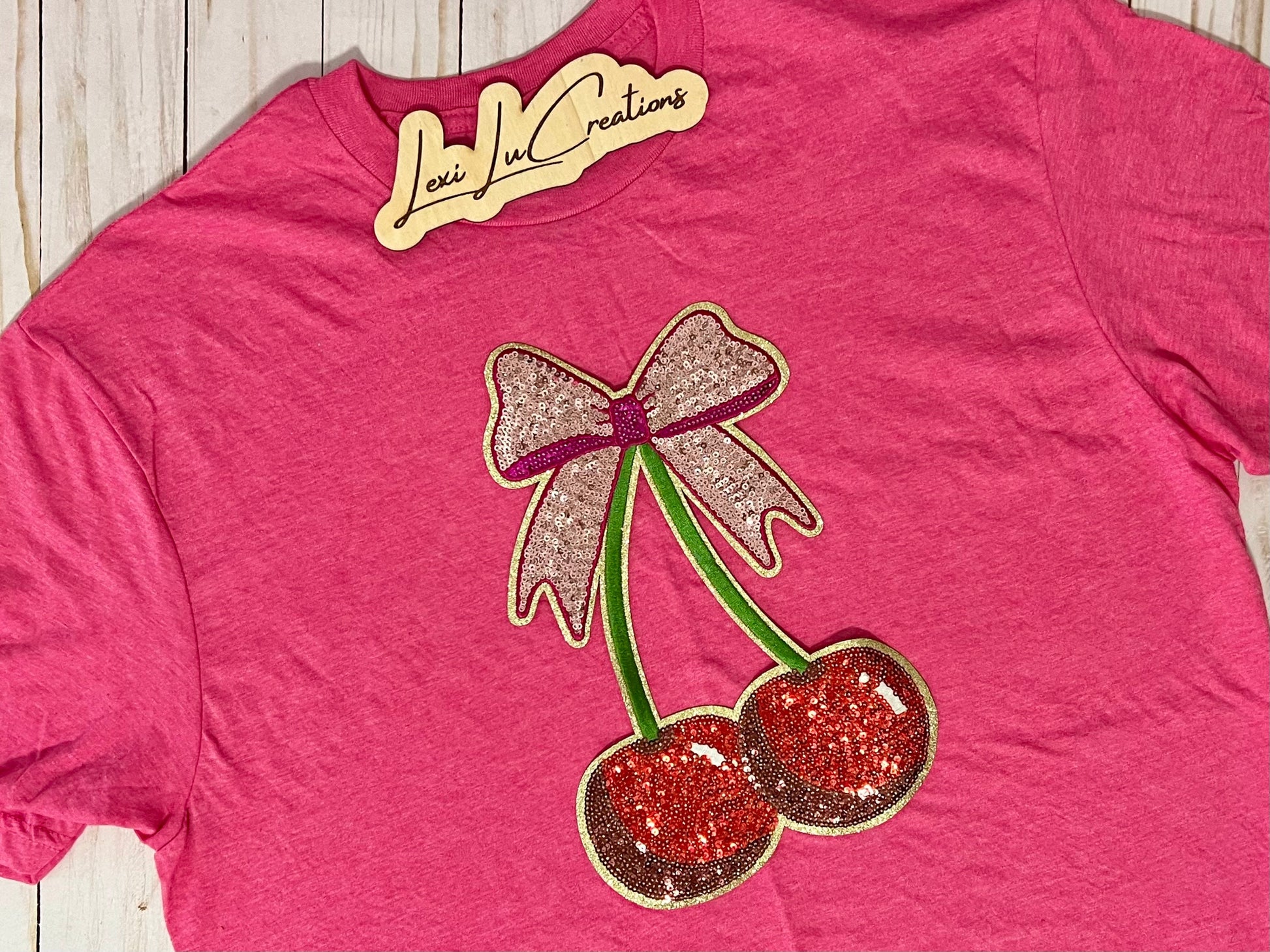 Cherry Sequin Patch Shirt | Coquette Pink Bow, Adult