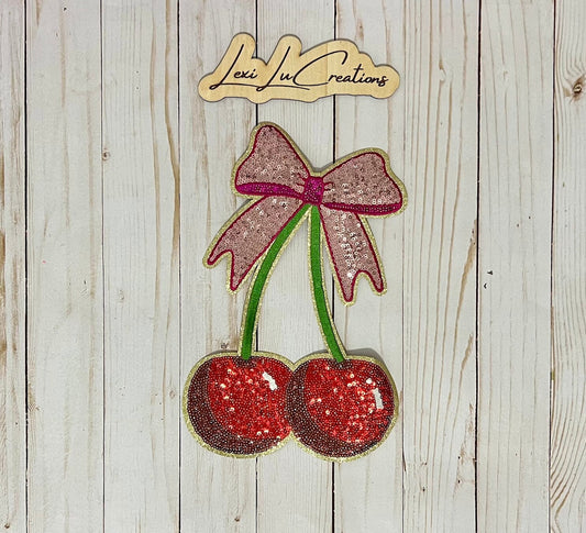Cherry with Pink Bow Sequin Patch | DIY Patch, Preppy Cherries | Sequin Patch | Coquette | Patch Only