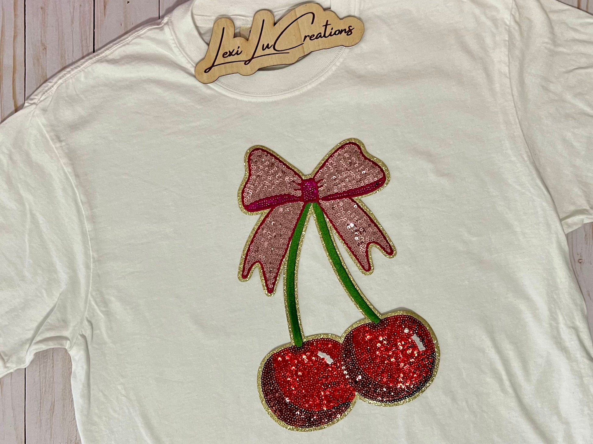 Cherry Sequin Patch Shirt | Coquette Pink Bow, Adult