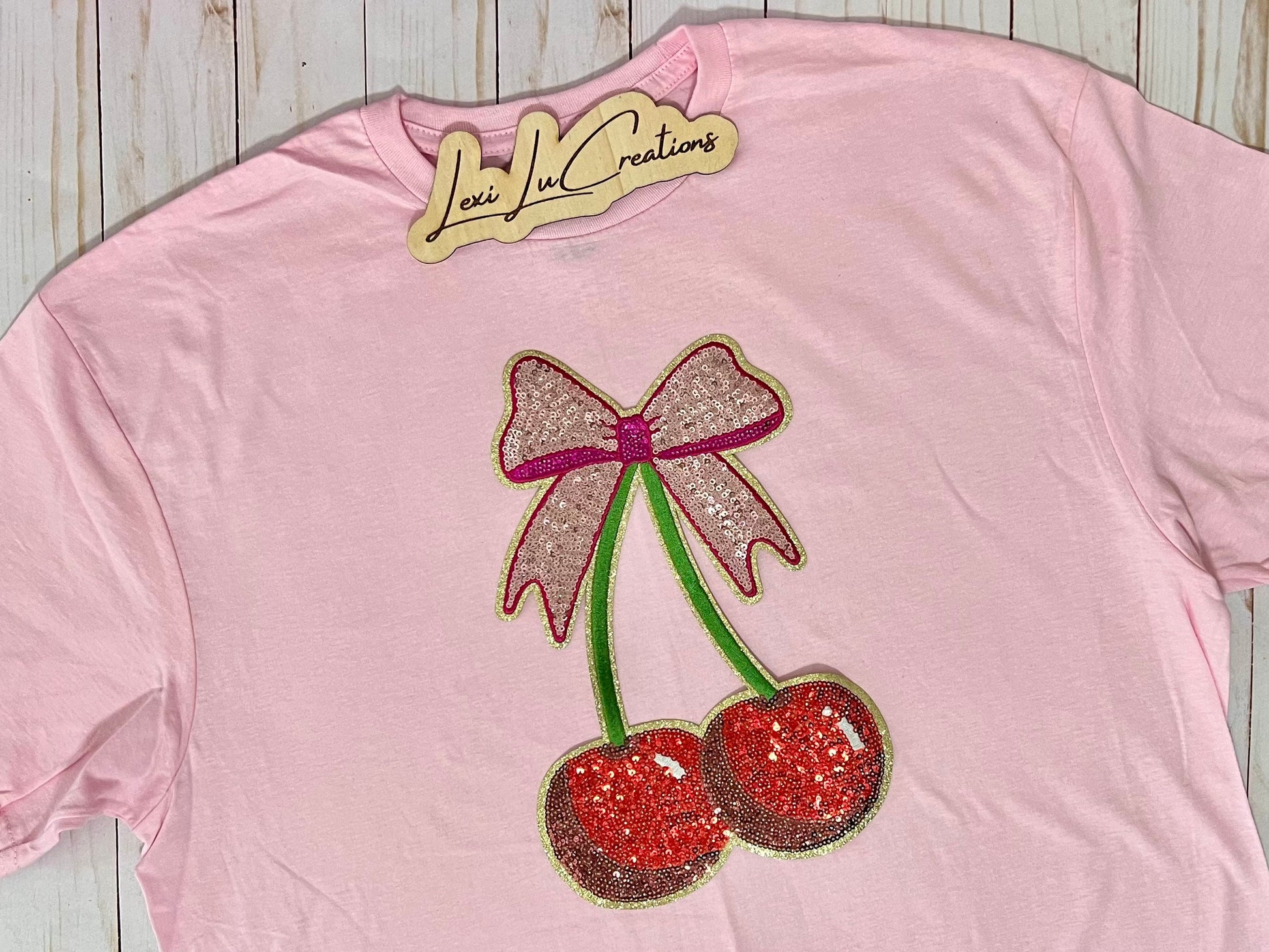 Cherry Sequin Patch Shirt | Coquette Pink Bow, Adult