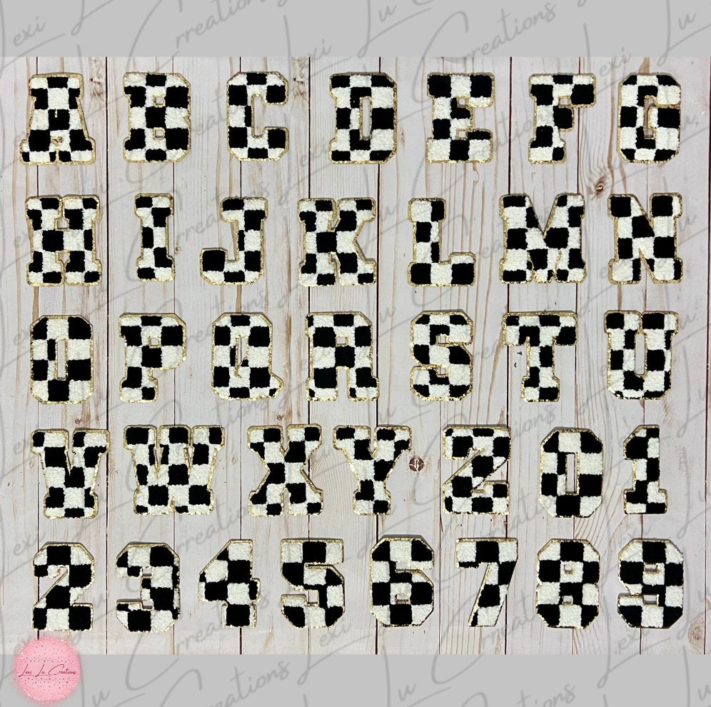 Black and White Checkerboard Iron On Letter and Number Patches with Gold Glitter Border | Chenille Patches | Hat Patches | Shirt Patches