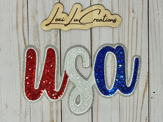 USA Sequin Iron On Patch | Red, White, Blue with Silver Glitter