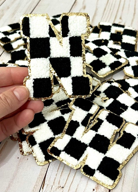Black and White Checkerboard Iron On Letter and Number Patches with Gold Glitter Border | Chenille Patches | Hat Patches | Shirt Patches