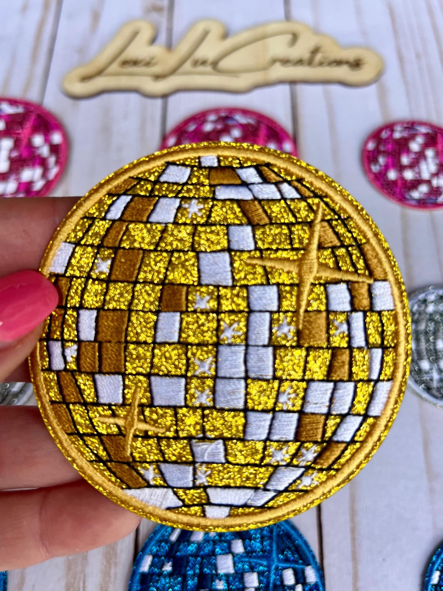 Disco Ball Embroidered and Glitter Iron On Patches 3 sizes 4 Colors | Hat Patches