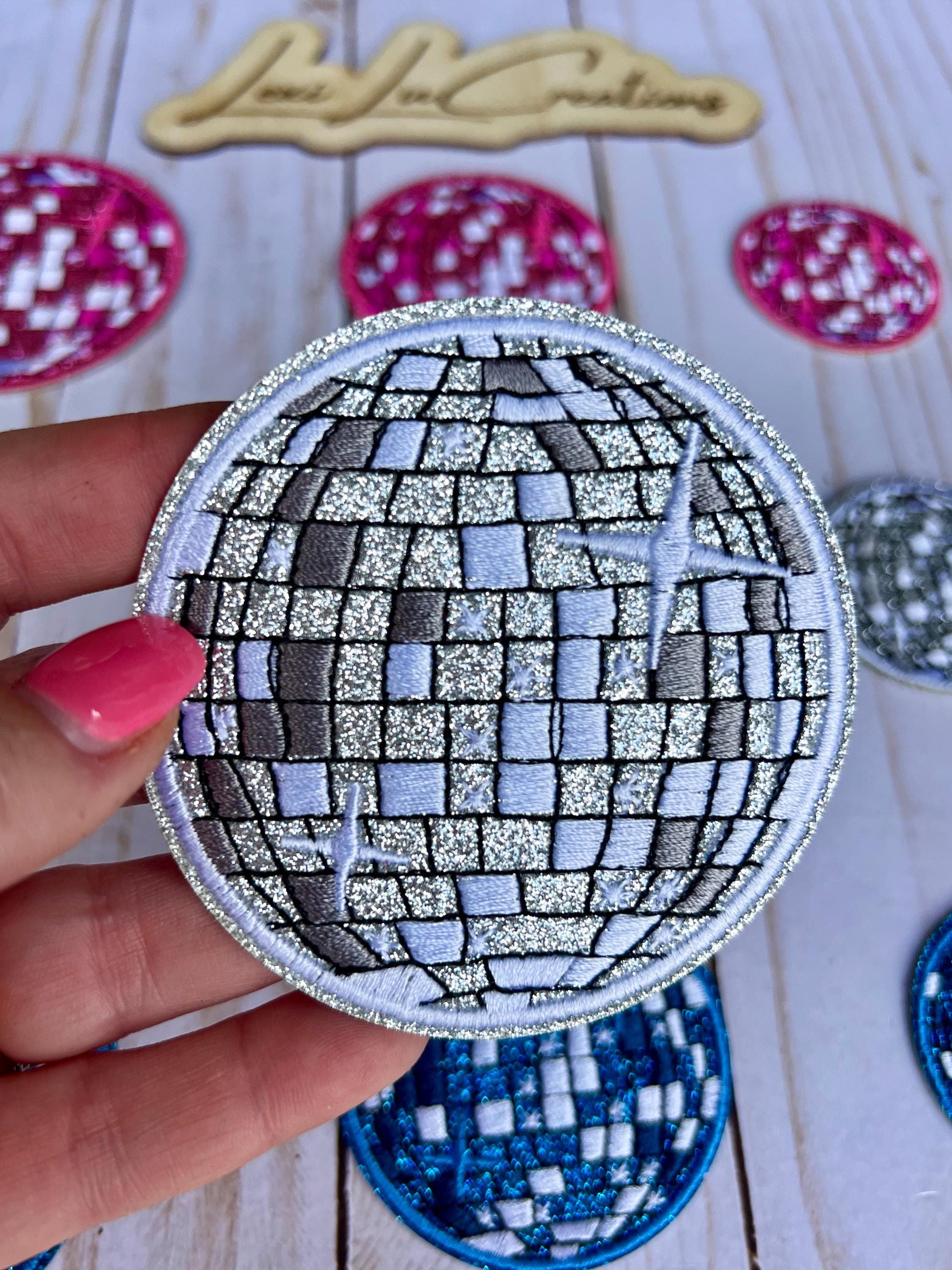 Disco Ball Embroidered and Glitter Iron On Patches 3 sizes 4 Colors | Hat Patches