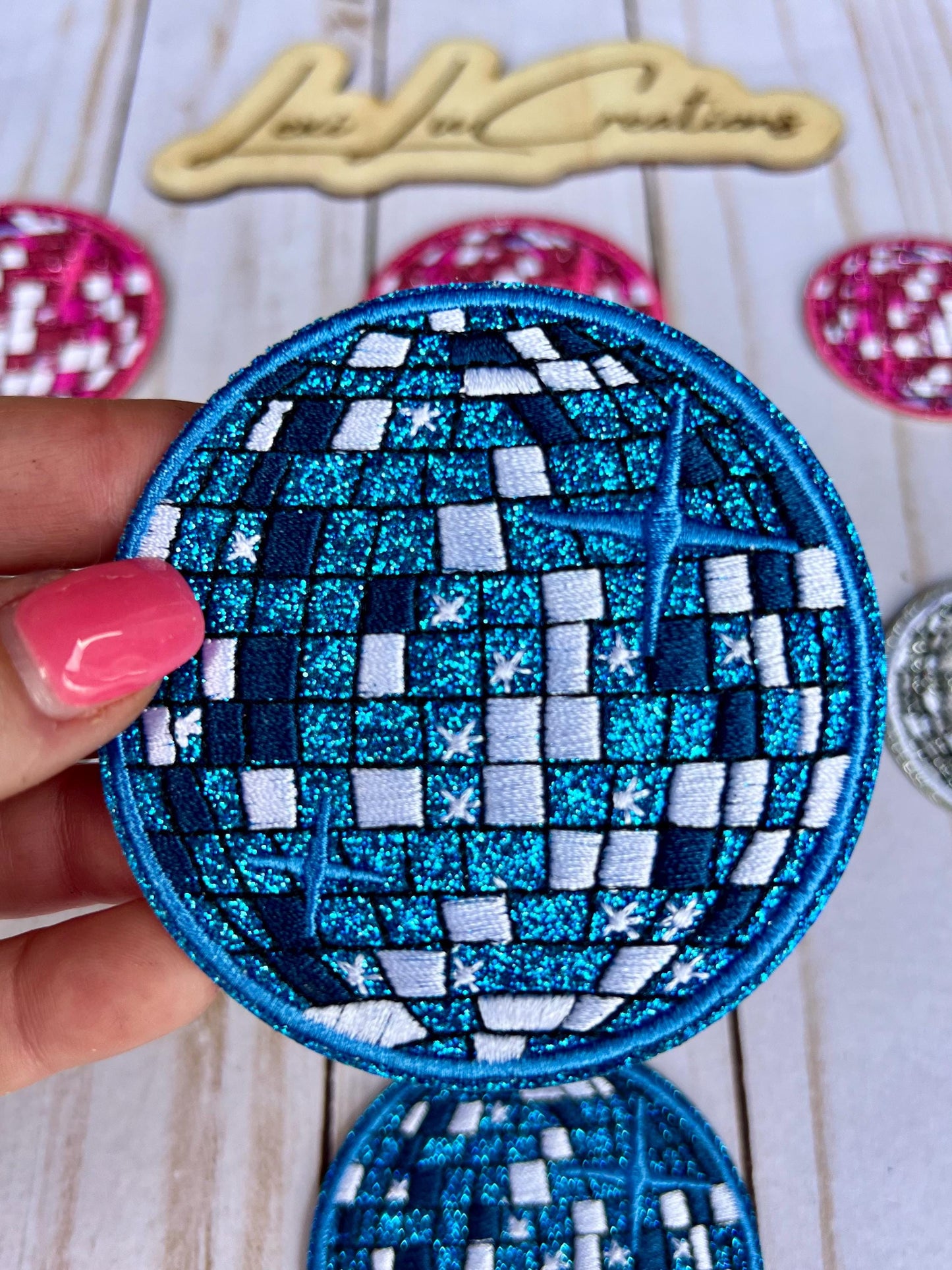 Disco Ball Embroidered and Glitter Iron On Patches 3 sizes 4 Colors | Hat Patches