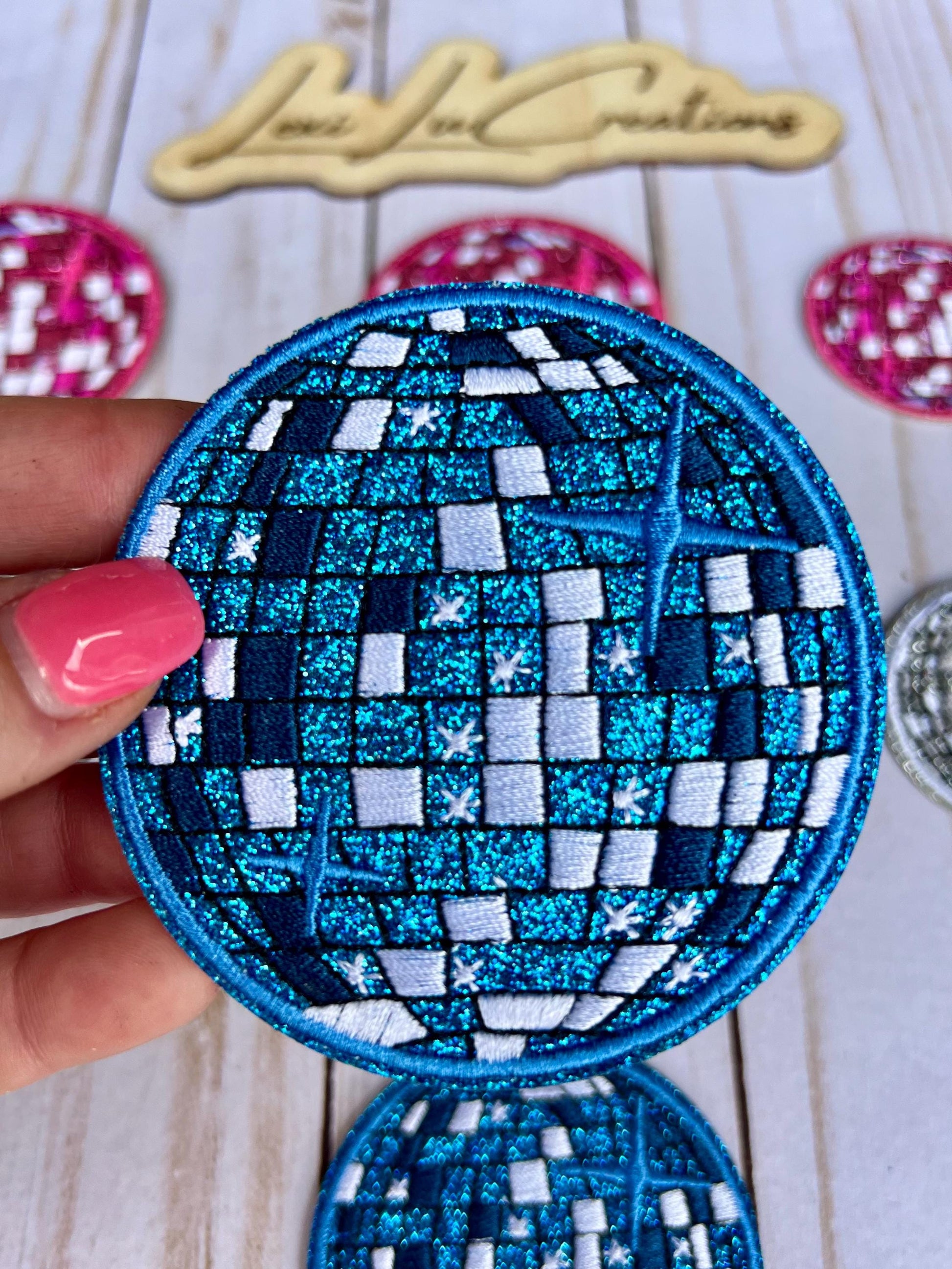 Disco Ball Embroidered and Glitter Iron On Patches 3 sizes 4 Colors | Hat Patches