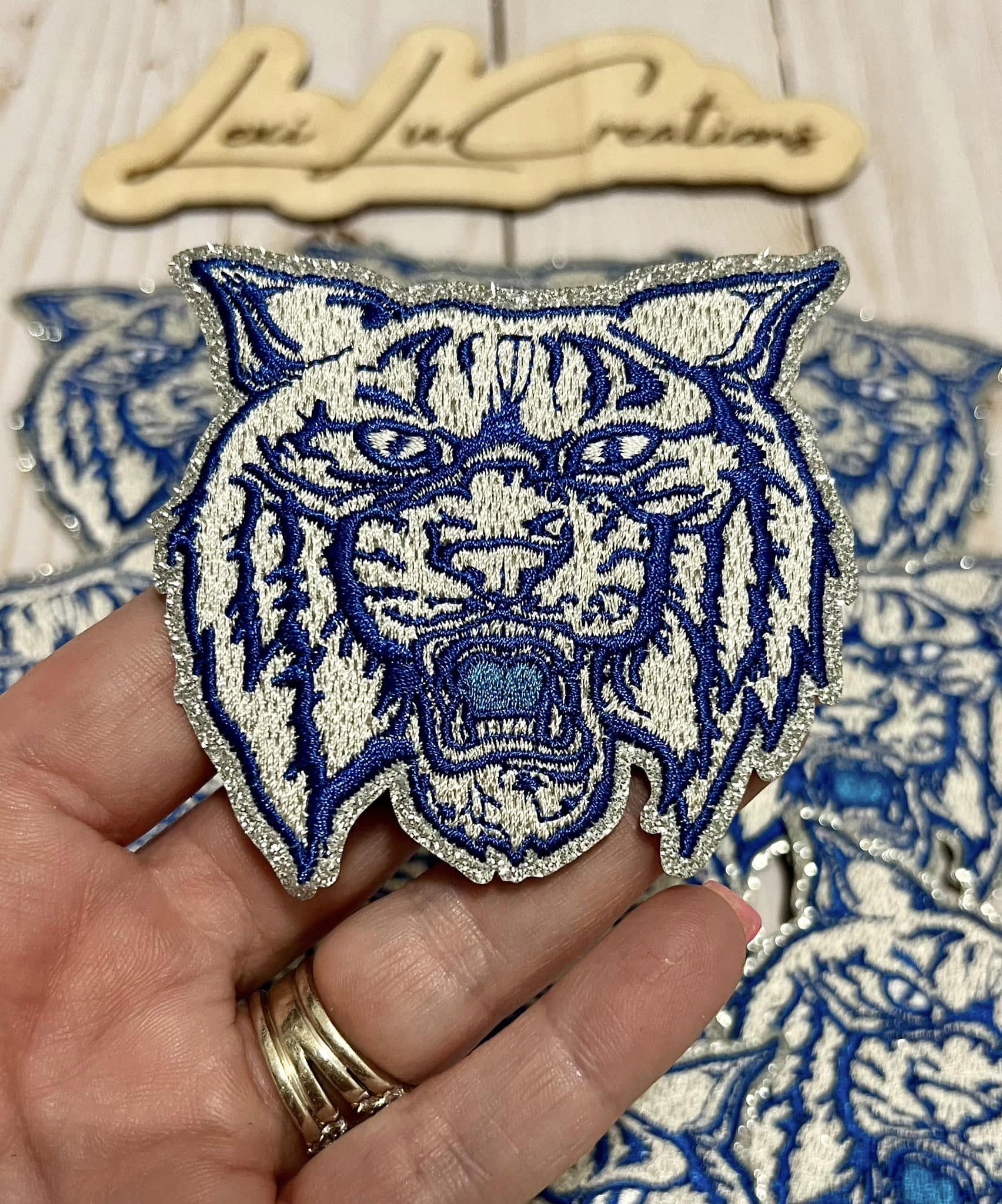 WILDCAT Mascot Iron On Patch | White, Blue, and Gray Embroidered Patch | Wildcats | Kentucky Patch