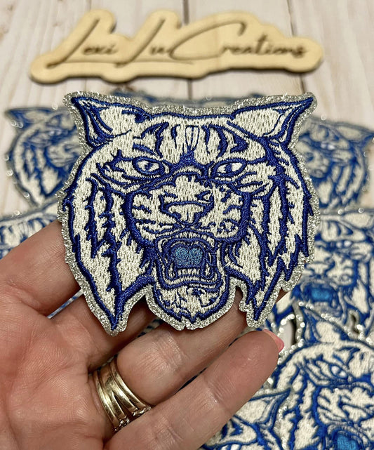 WILDCAT Mascot Iron On Patch | White, Blue, and Gray Embroidered Patch | Wildcats | Kentucky Patch