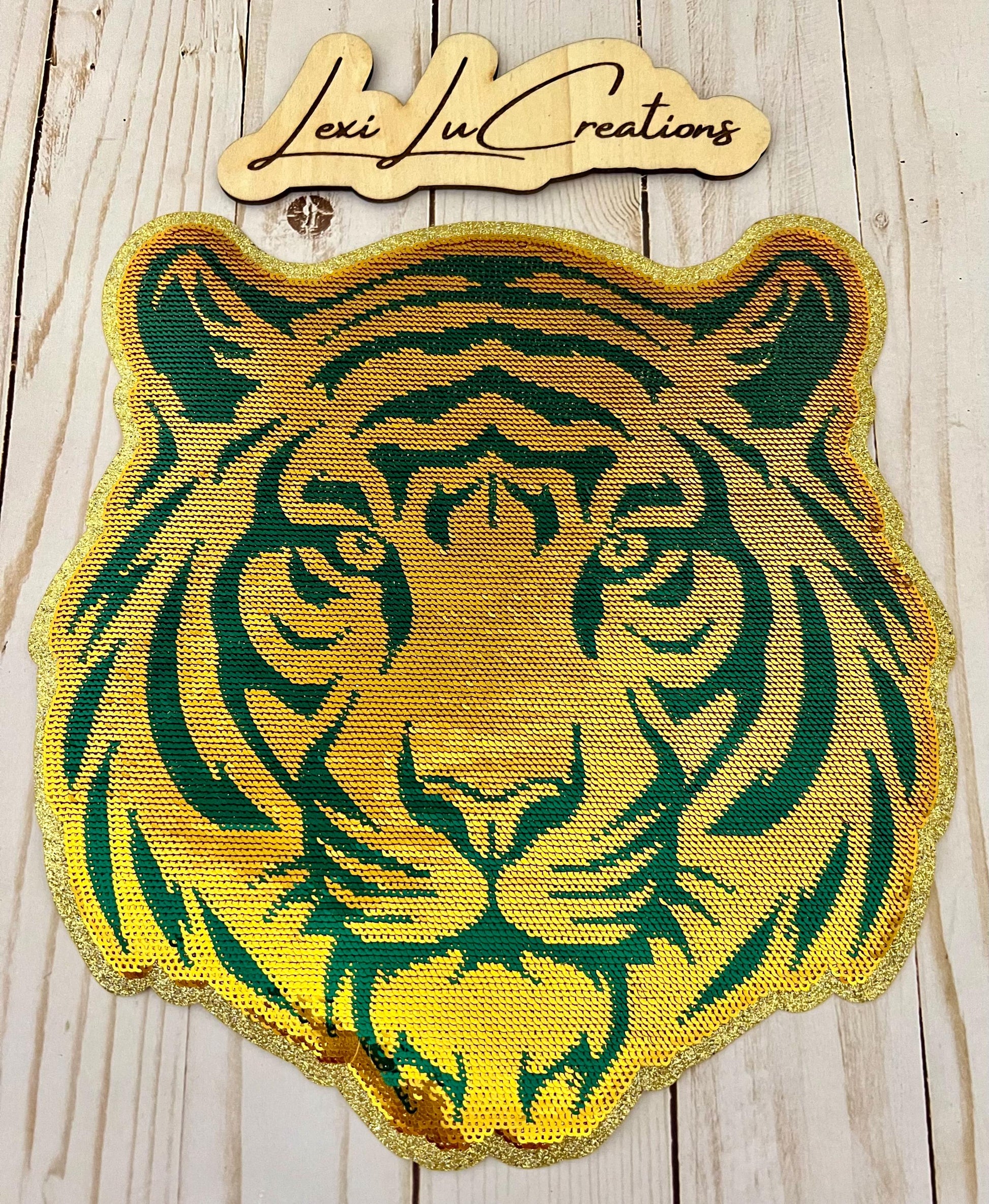 TIGER Mascot Iron On Patch | Green and Gold Sequin Patch | Preppy Tigers