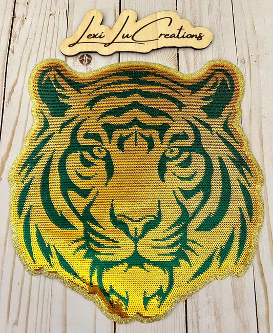 TIGER Mascot Iron On Patch | Green and Gold Sequin Patch | Preppy Tigers