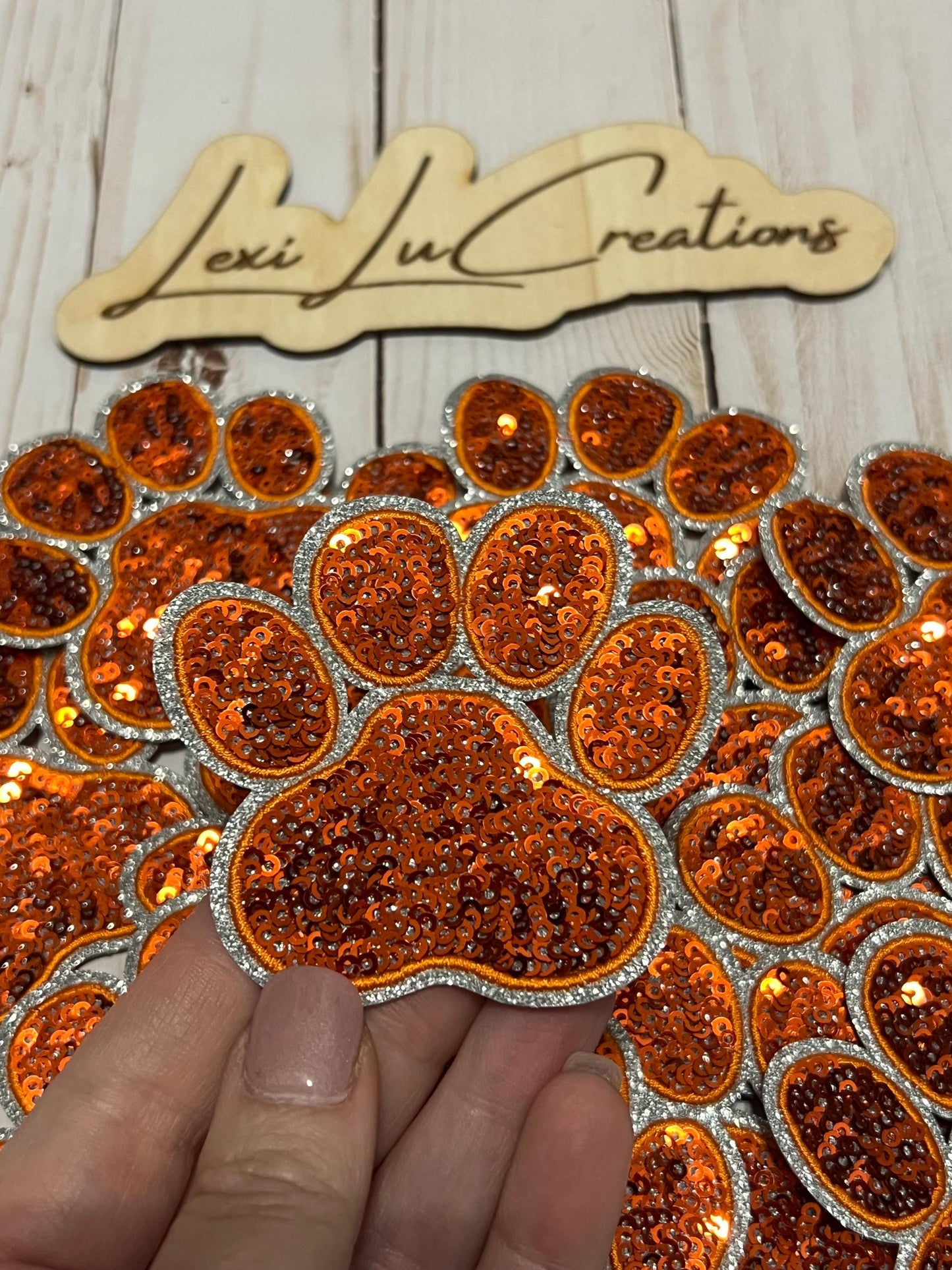 Paw Print Orange Sequin Iron On Patch | Sequin Hat Patch