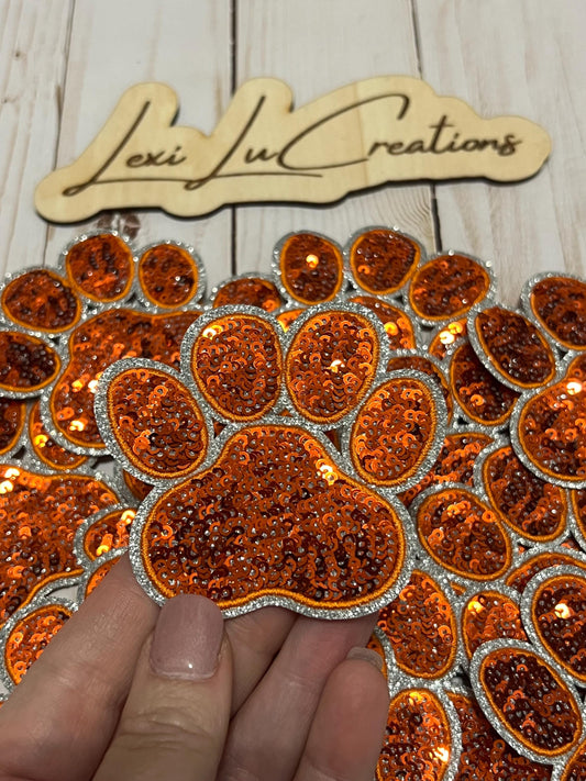 Paw Print Orange Sequin Iron On Patch | Sequin Hat Patch