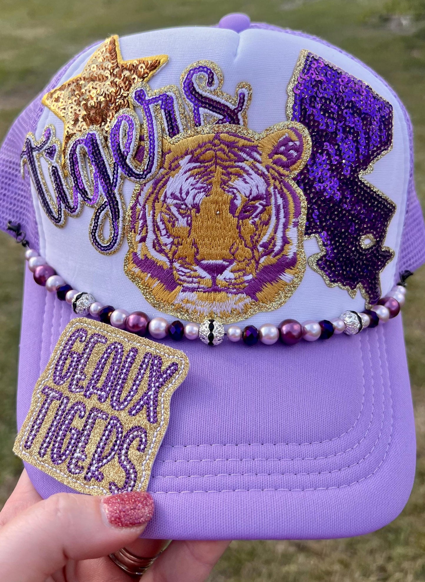 Purple and Gold Tiger Embroidered Iron On Patch| Hat Patches | Geaux Tigers | LSU