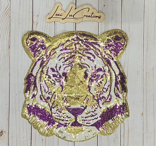 Purple and Gold Tiger Sequin Iron On Patch| Hat Patches | Geaux Tigers | LSU