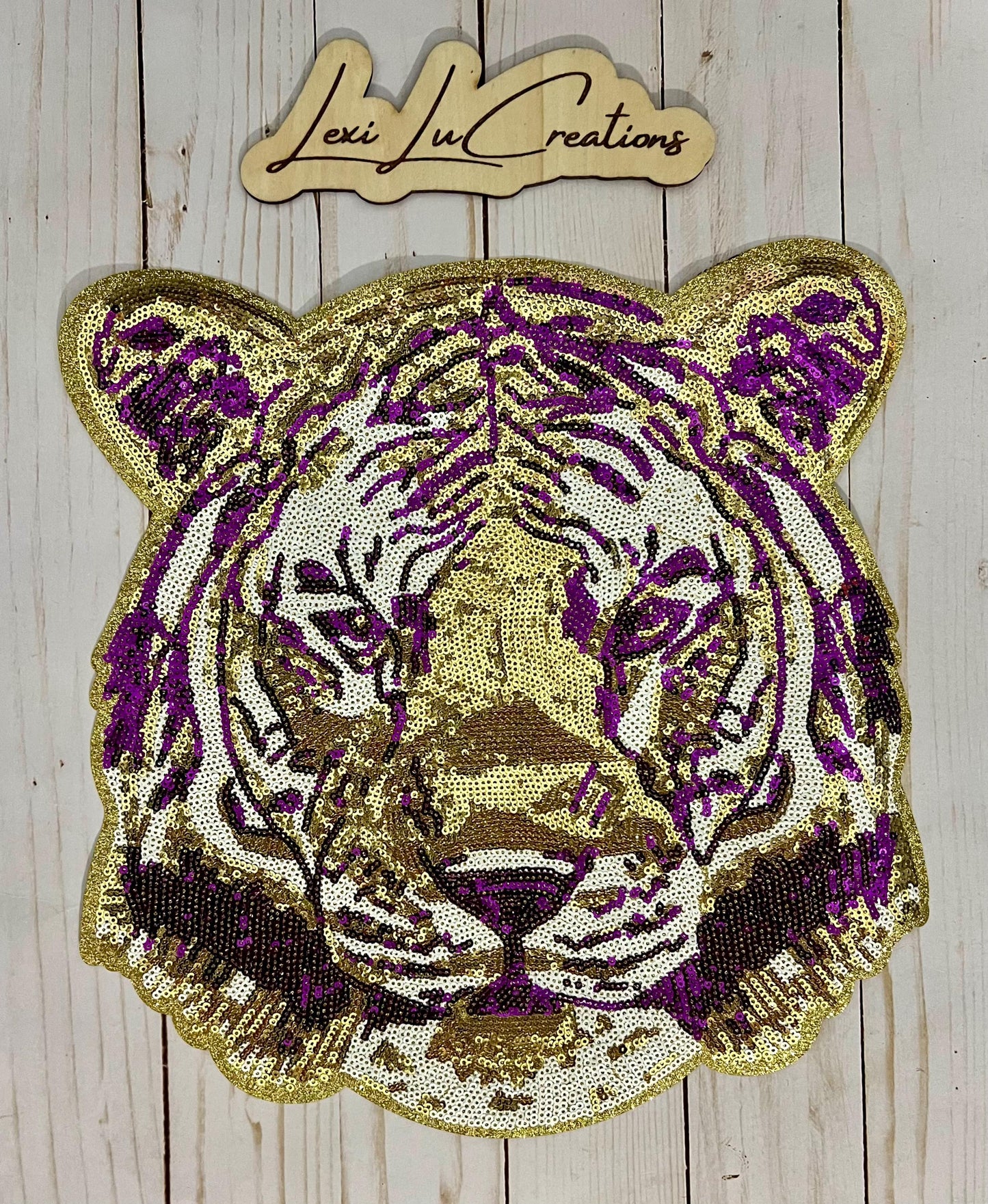 Purple and Gold Tiger Sequin Iron On Patch| Hat Patches | Geaux Tigers | LSU