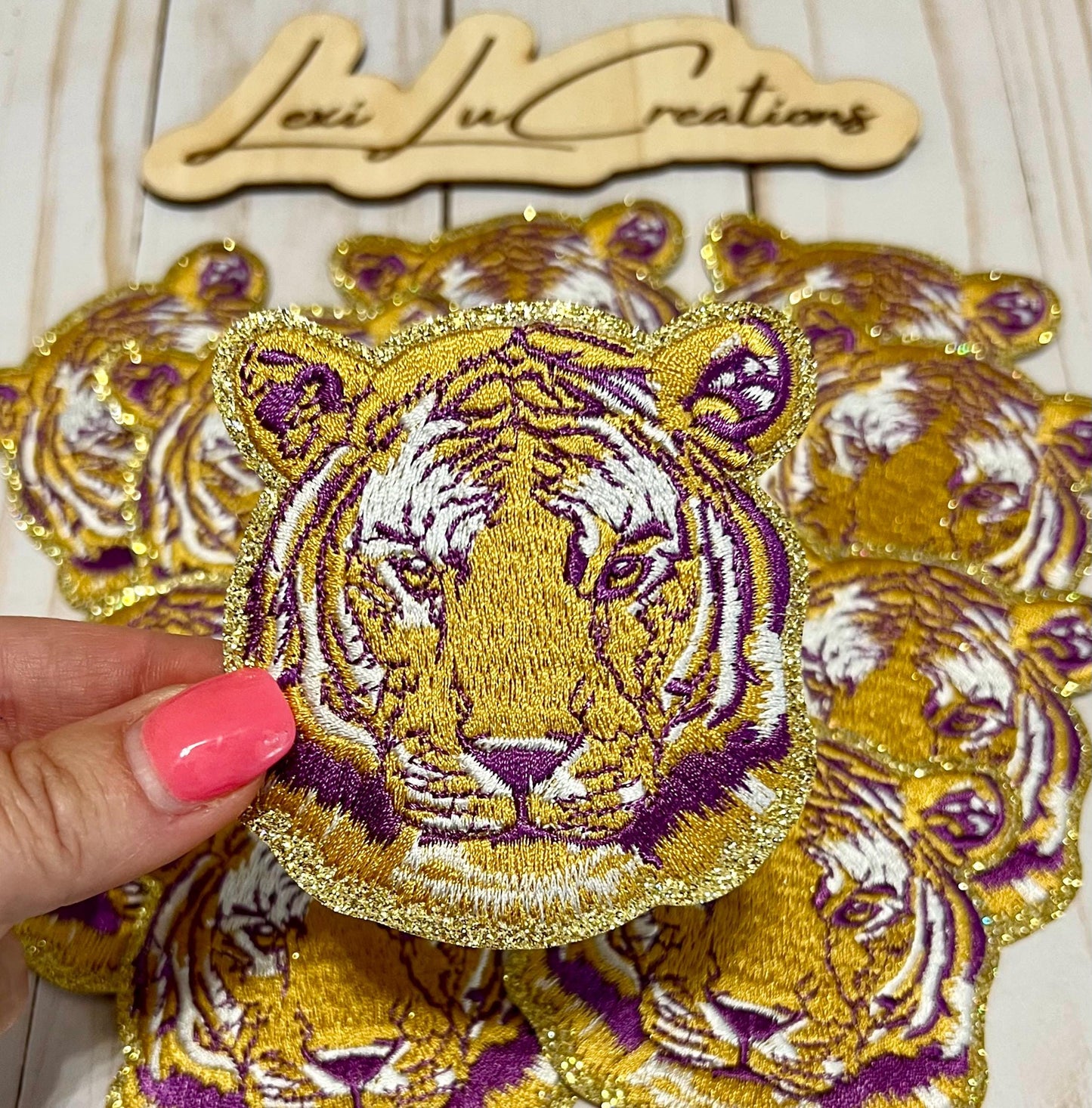 Purple and Gold Tiger Sequin Iron On Patch| Hat Patches | Geaux Tigers | LSU
