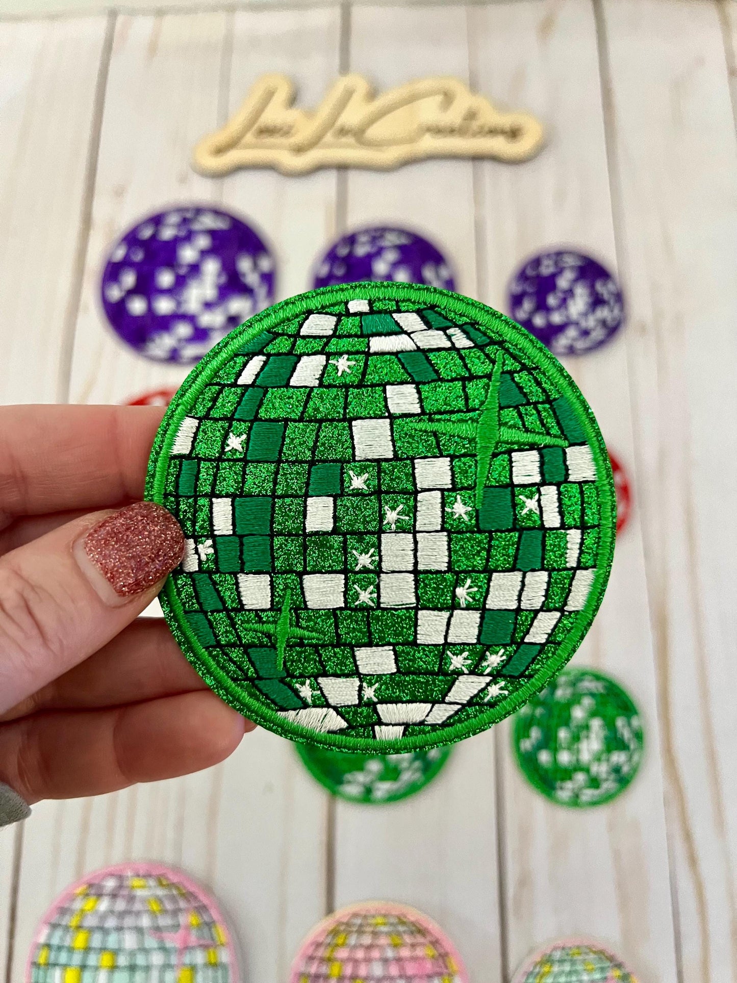 Disco Ball Embroidered and Glitter Iron On Patches 3 sizes 4 Colors | Hat Patches