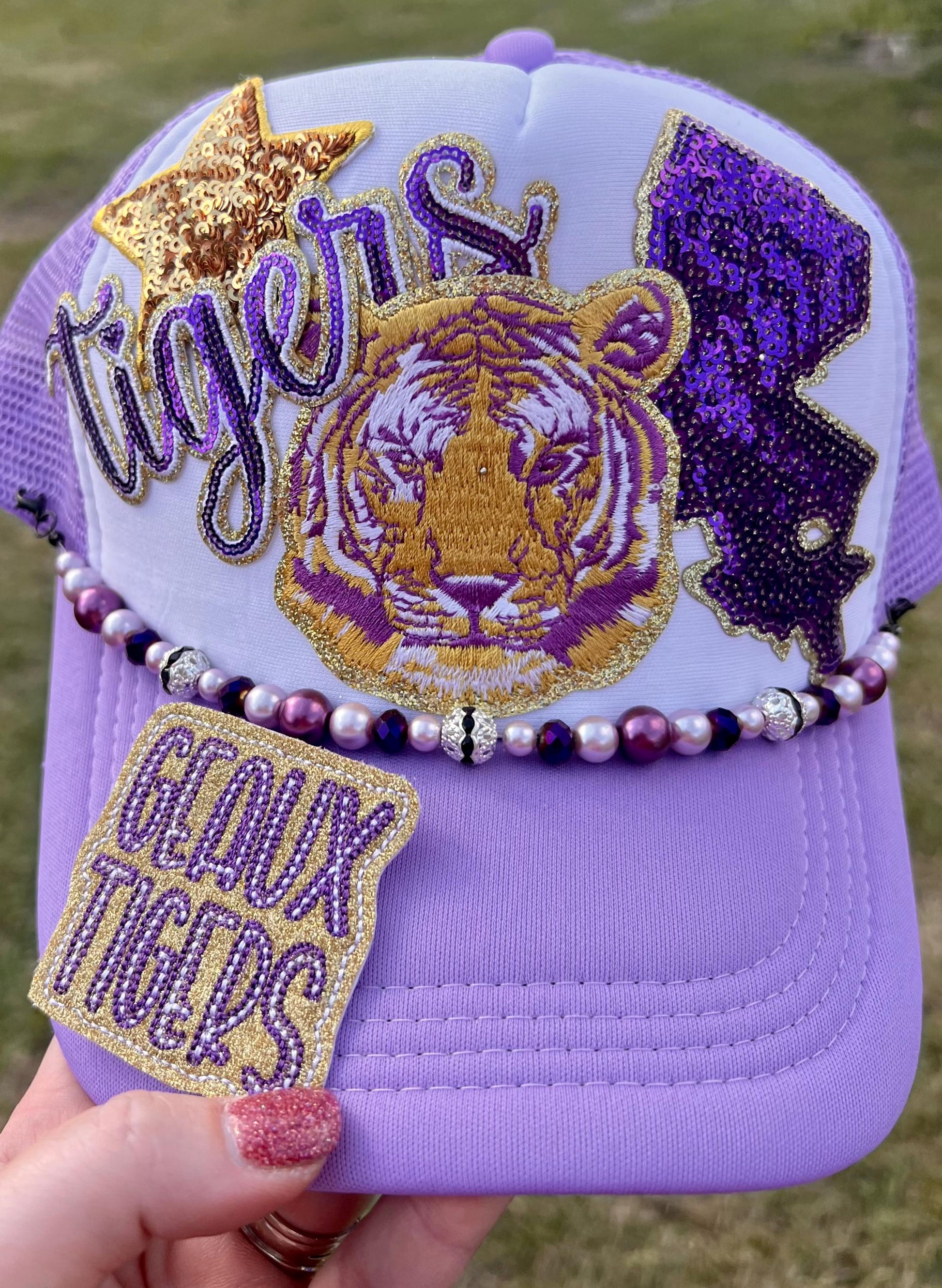 Purple and Gold Tiger Sequin Iron On Patch| Hat Patches | Geaux Tigers | LSU