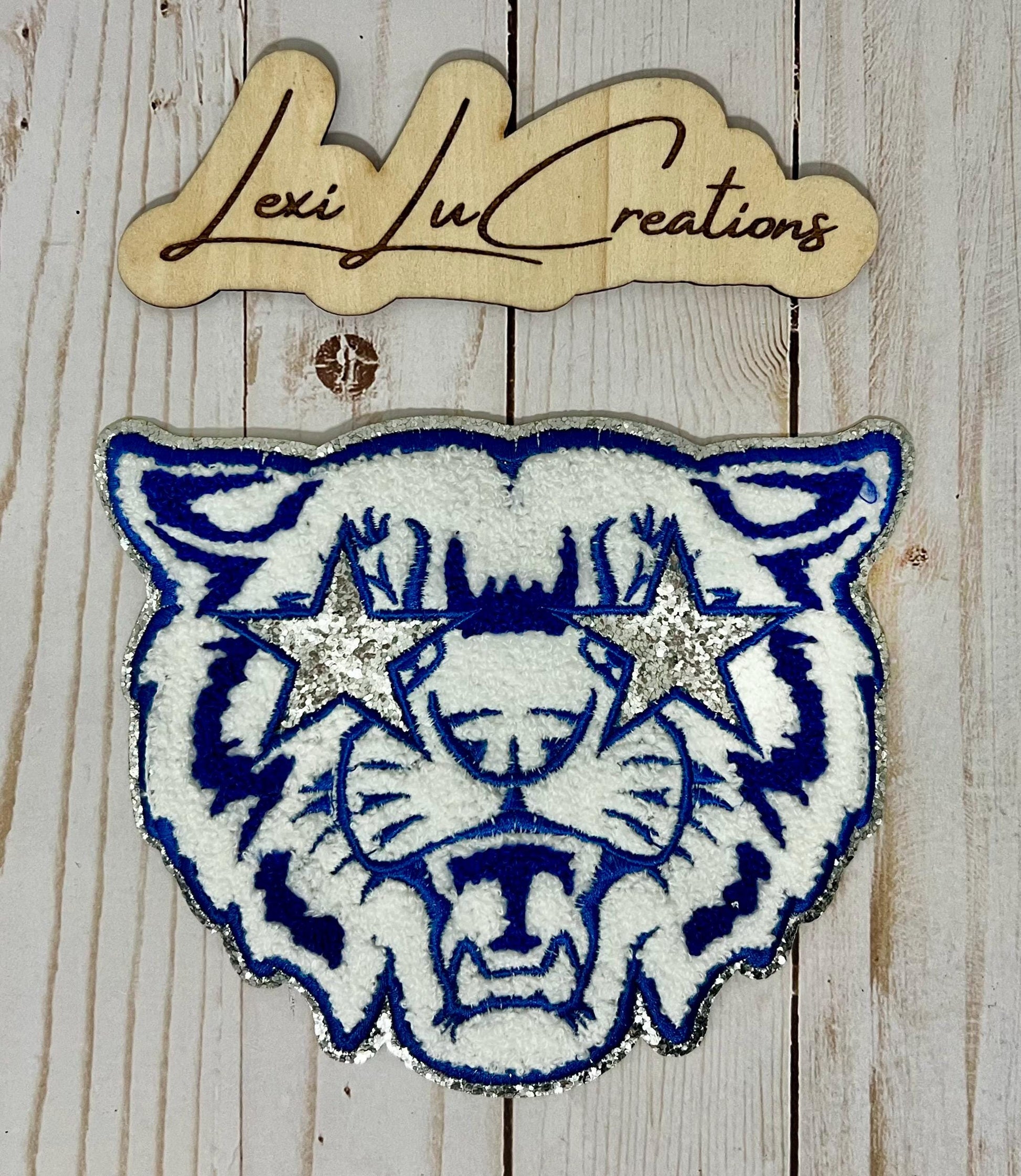 WILDCAT Mascot Youth Iron On Patch | Blue and White Chenille Patch | Preppy Wildcats | Kentucky Patch | Kids Size