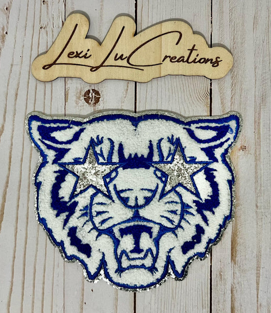 WILDCAT Mascot Youth Iron On Patch | Blue and White Chenille Patch | Preppy Wildcats | Kentucky Patch | Kids Size