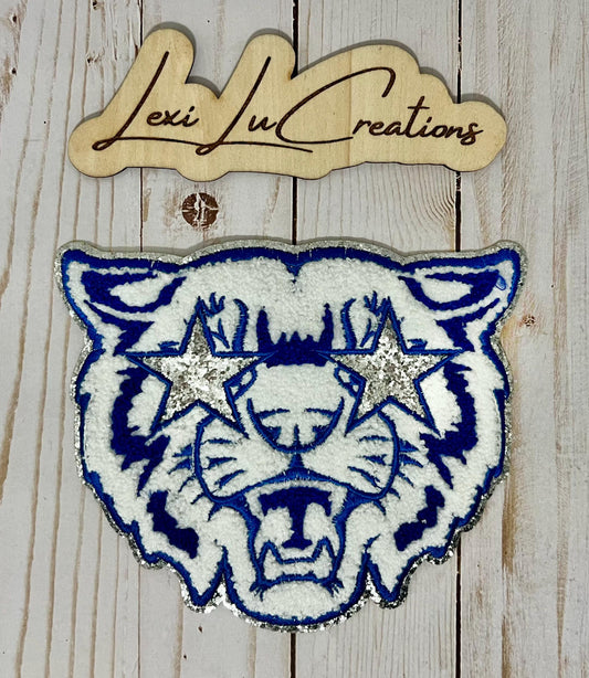 WILDCAT Mascot Youth Iron On Patch | Blue and White Chenille Patch | Preppy Wildcats | Kentucky Patch | Kids Size