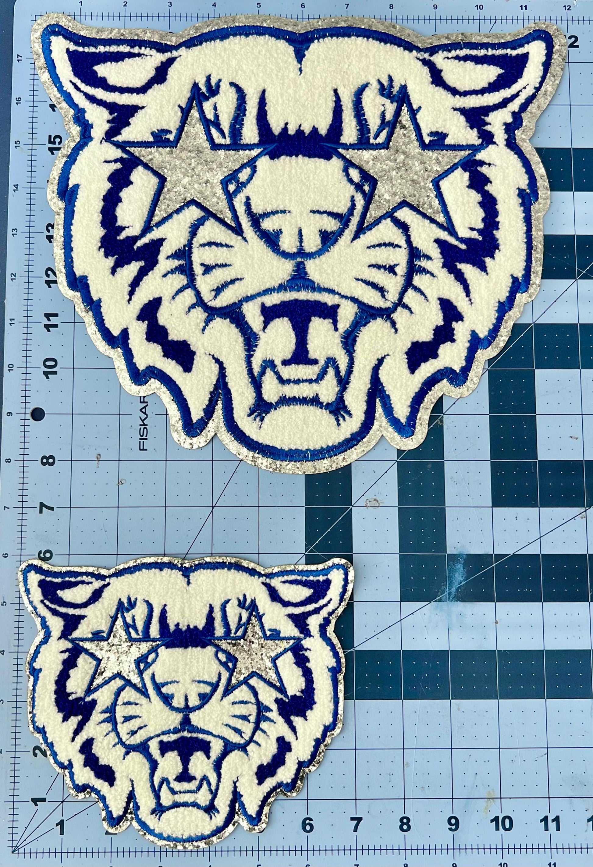 WILDCAT Mascot Youth Iron On Patch | Blue and White Chenille Patch | Preppy Wildcats | Kentucky Patch | Kids Size