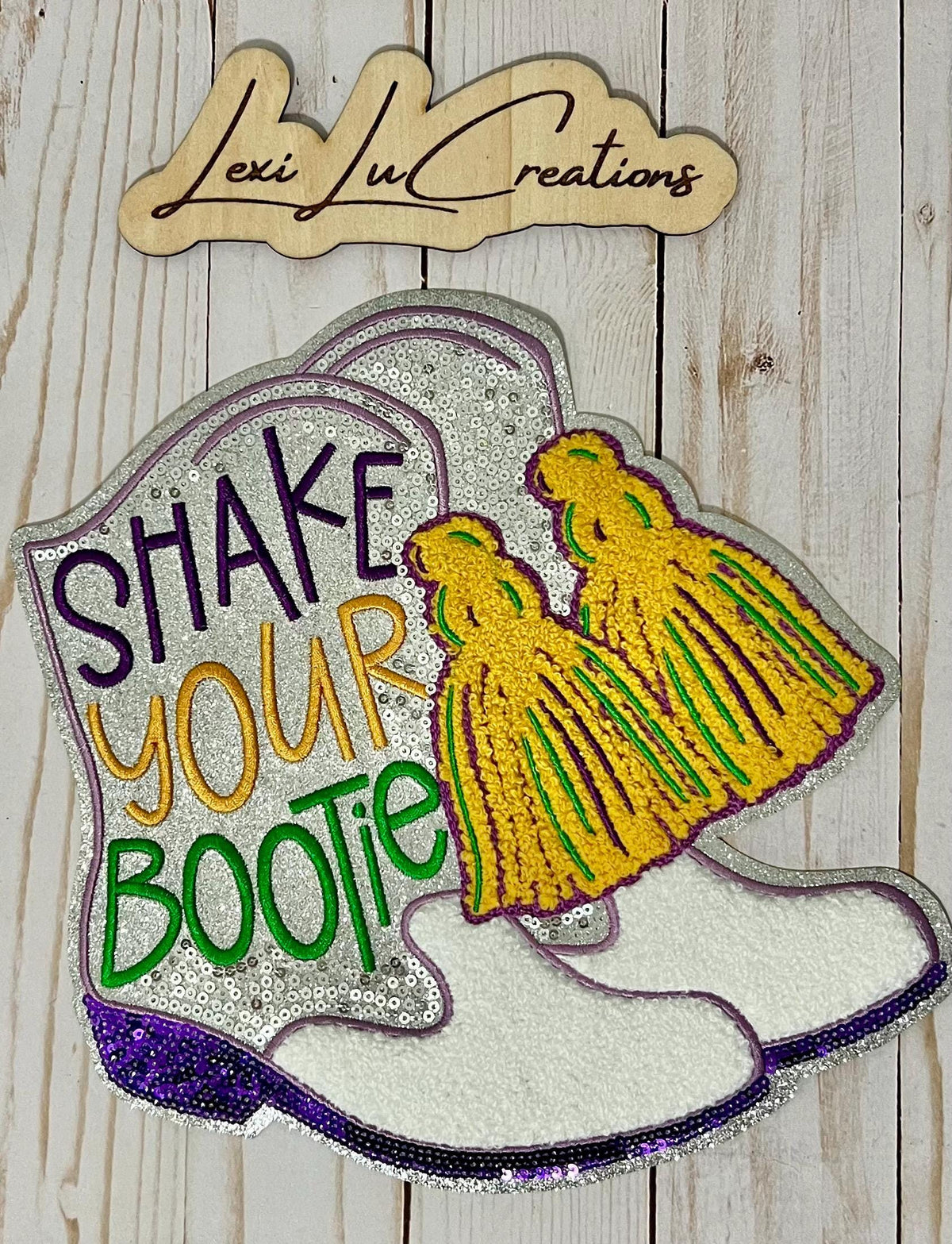 Mardi Gras Shake Your Bootie Boots Sequin Iron On Patch| Shirt Patches | Louisiana | Purple, Gold, and Green