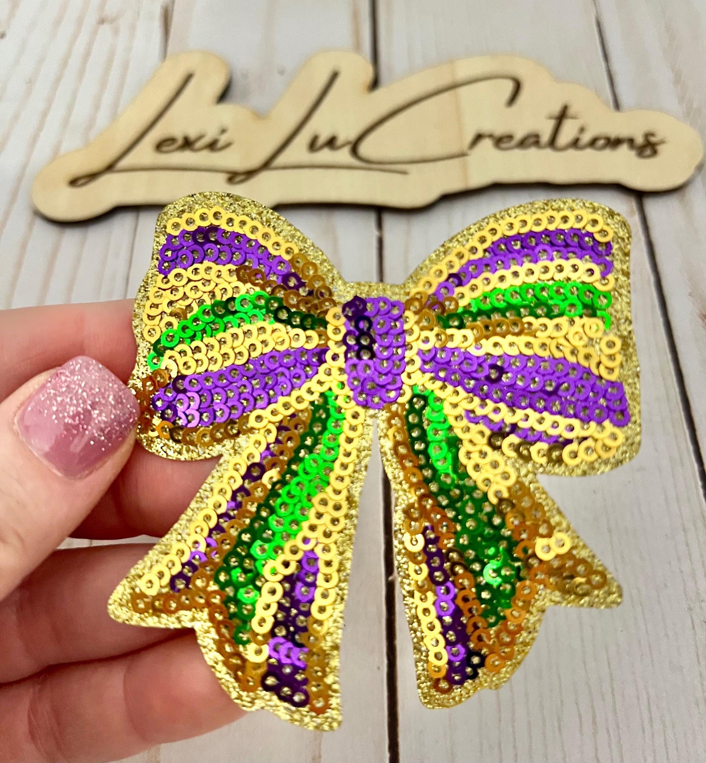 Mardi Gras Bow Sequin Iron On Patch| Shirt Patches | Louisiana | Purple, Gold, and Green