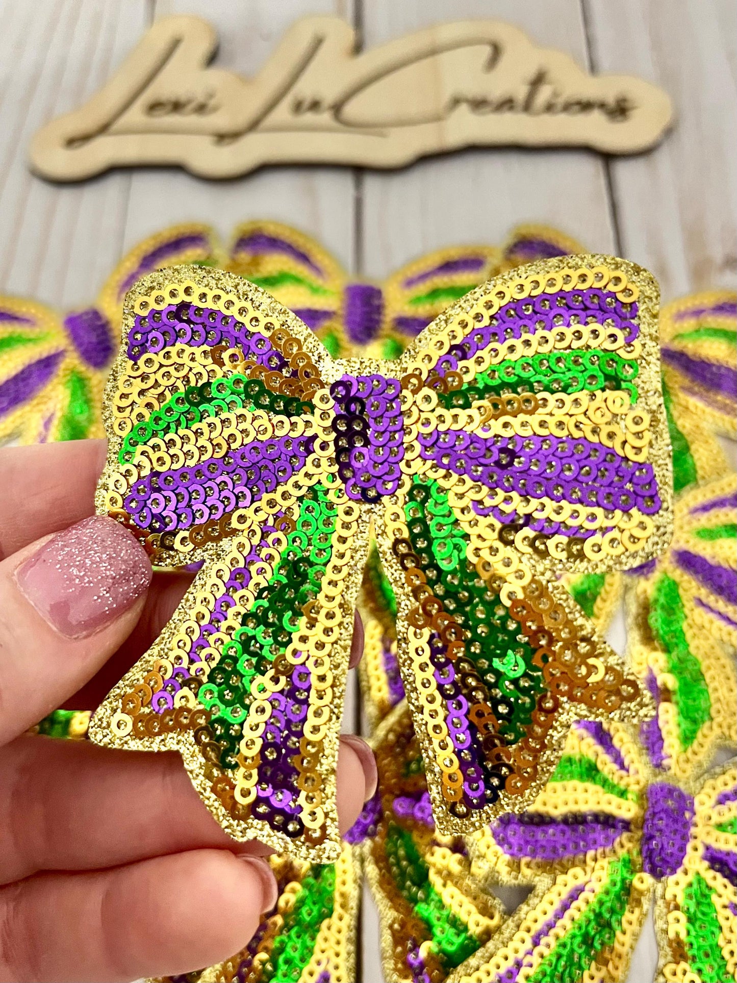 Mardi Gras Bow Sequin Iron On Patch| Shirt Patches | Louisiana | Purple, Gold, and Green