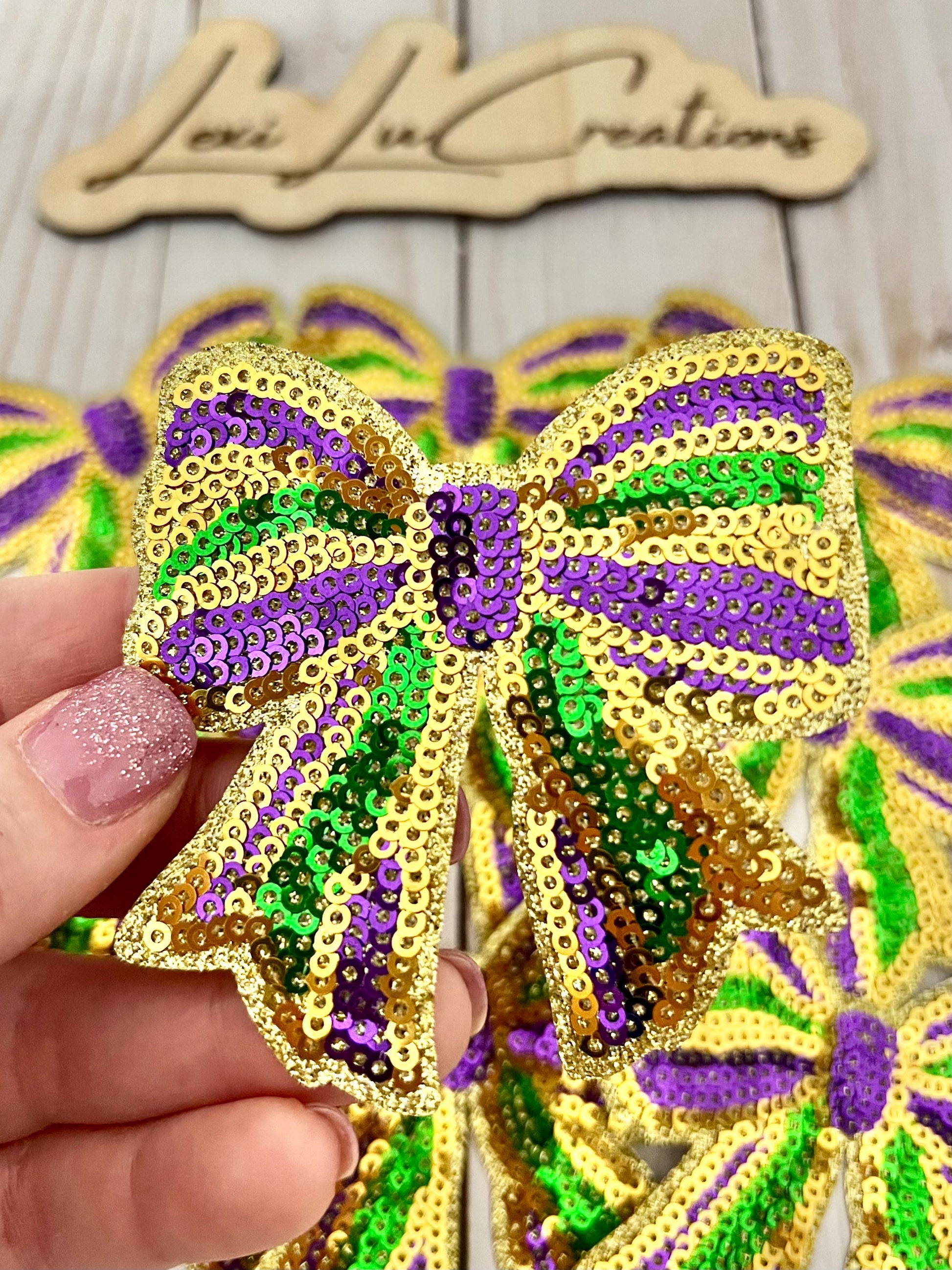 Mardi Gras Bow Sequin Iron On Patch| Shirt Patches | Louisiana | Purple, Gold, and Green